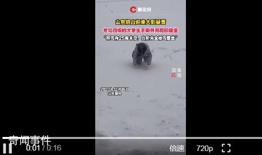 女生考完4级遇暴雪手脚并用爬回寝室