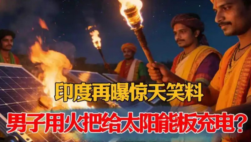 印度男子举火把试图给太阳能板充电